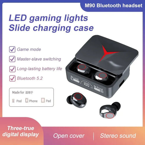 Estuche de carga con tapa deslizante para auriculares Bluetooth, luces LED para juegos y diseño 3D.
